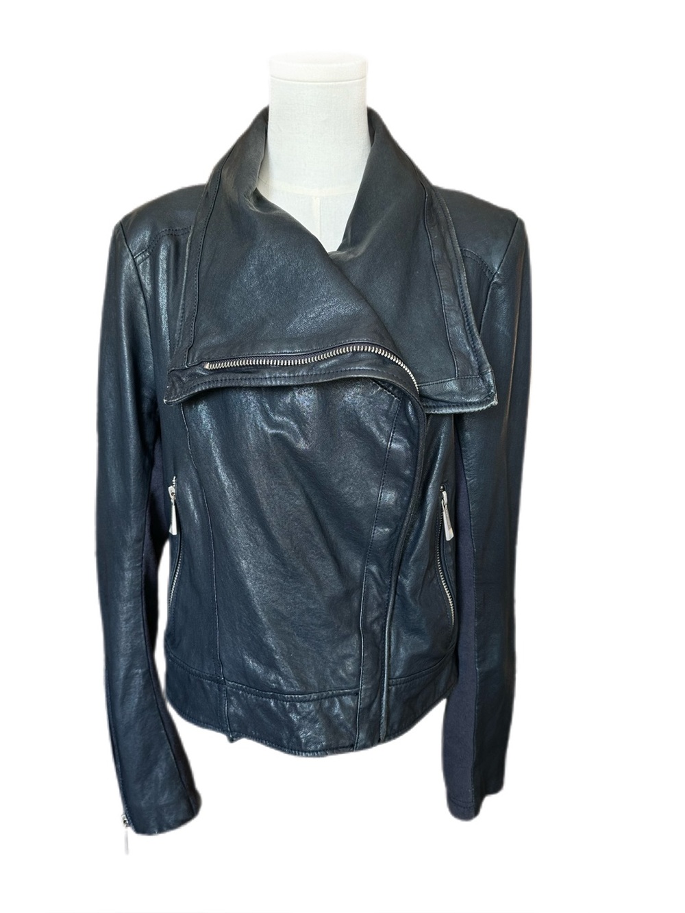 BCBGMaxAzria Shayla Navy Genuine Leather Drape Moto Jacket Size L